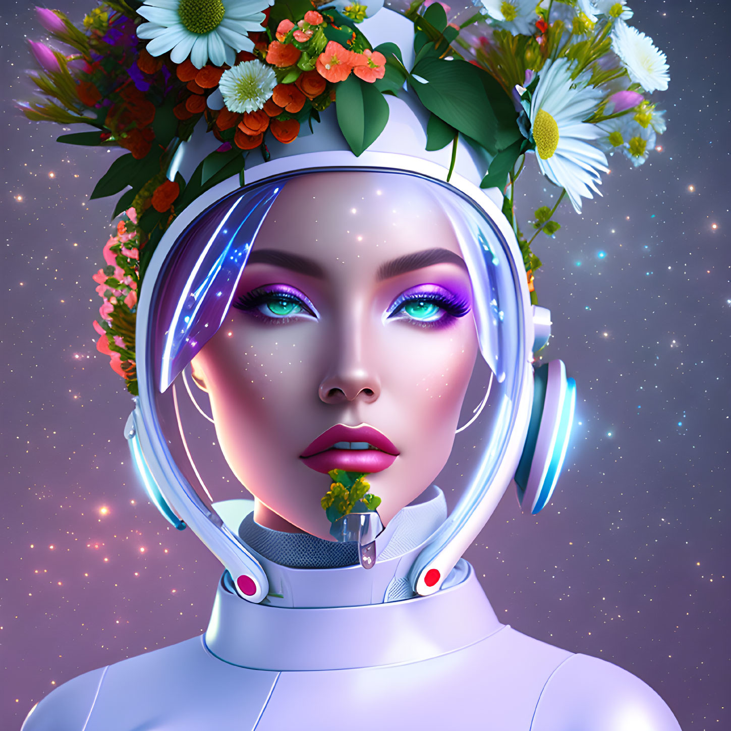 Female astronaut digital art portrait with vivid makeup and floral crown in space.