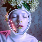 Digital artwork: Woman in space helmet with vibrant flowers on cosmic background