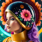 Woman in space helmet with vibrant flowers in cosmic setting.