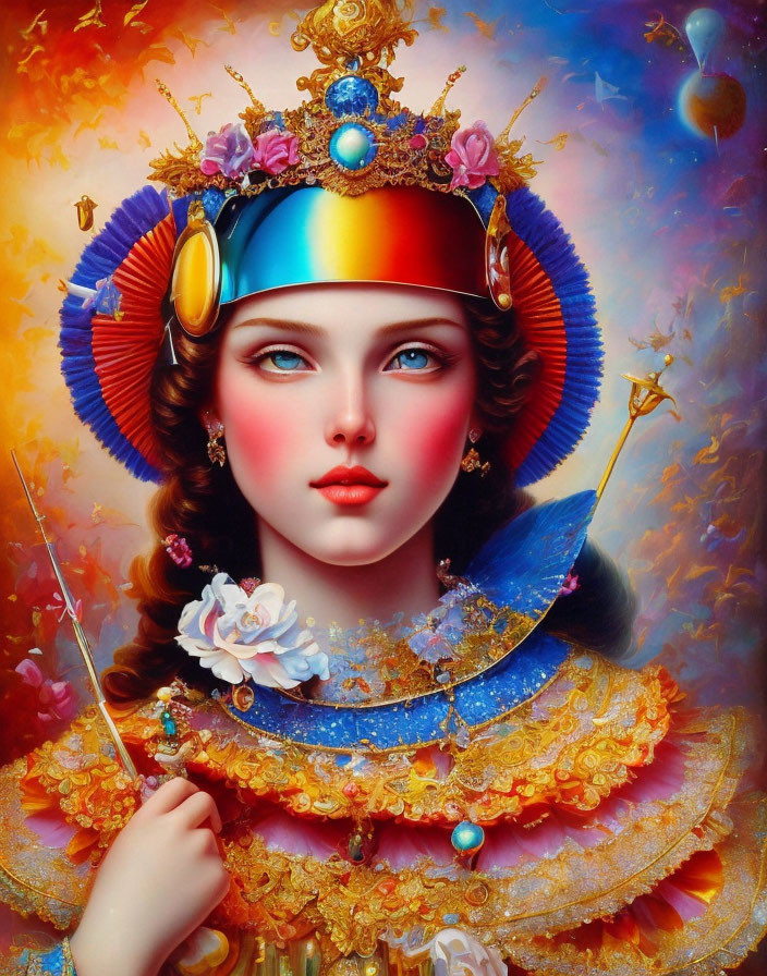 Colorful portrait of a woman with ornate headdress and jewels against fiery backdrop