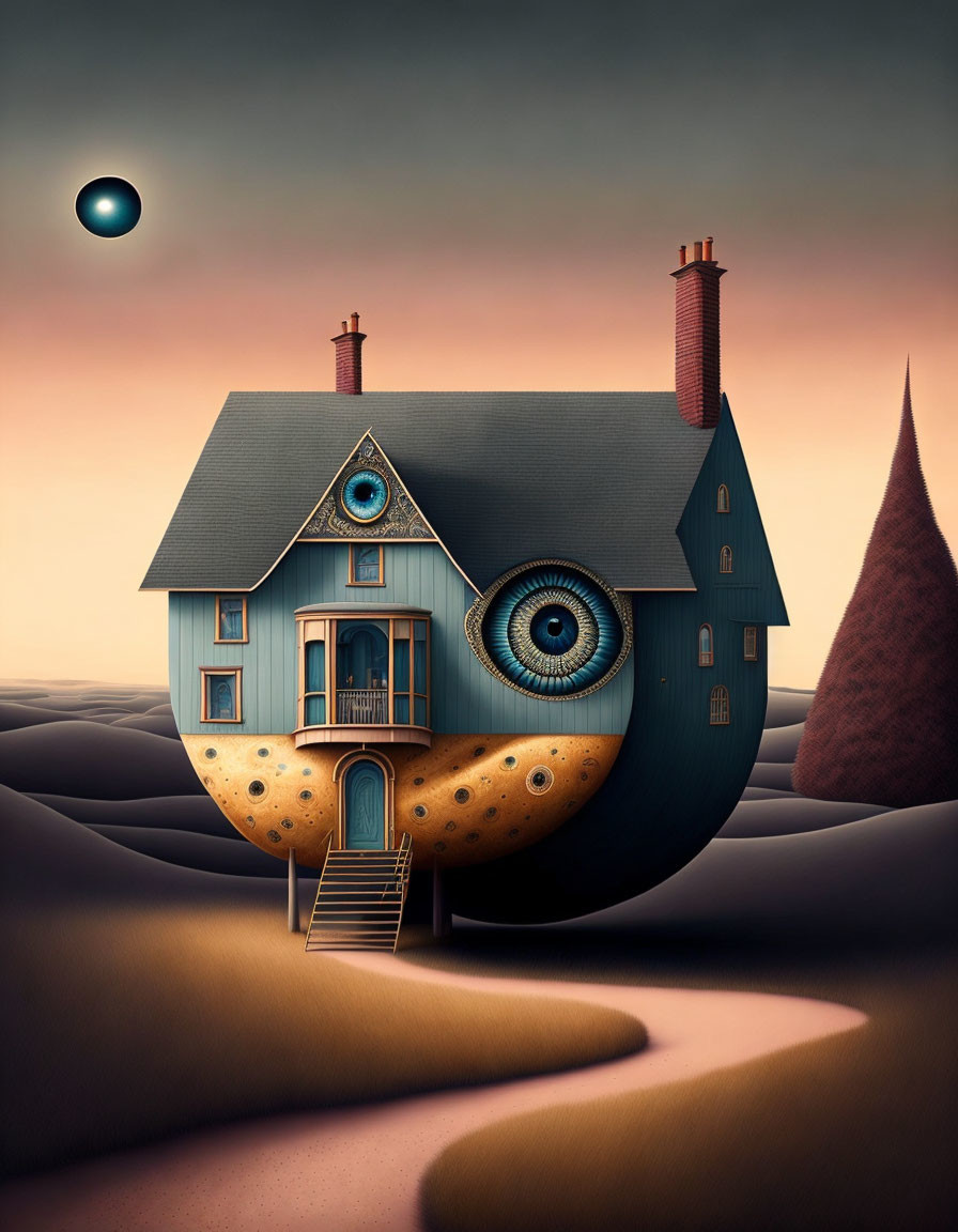 Surreal round house with blue siding and integrated eye in dusky landscape