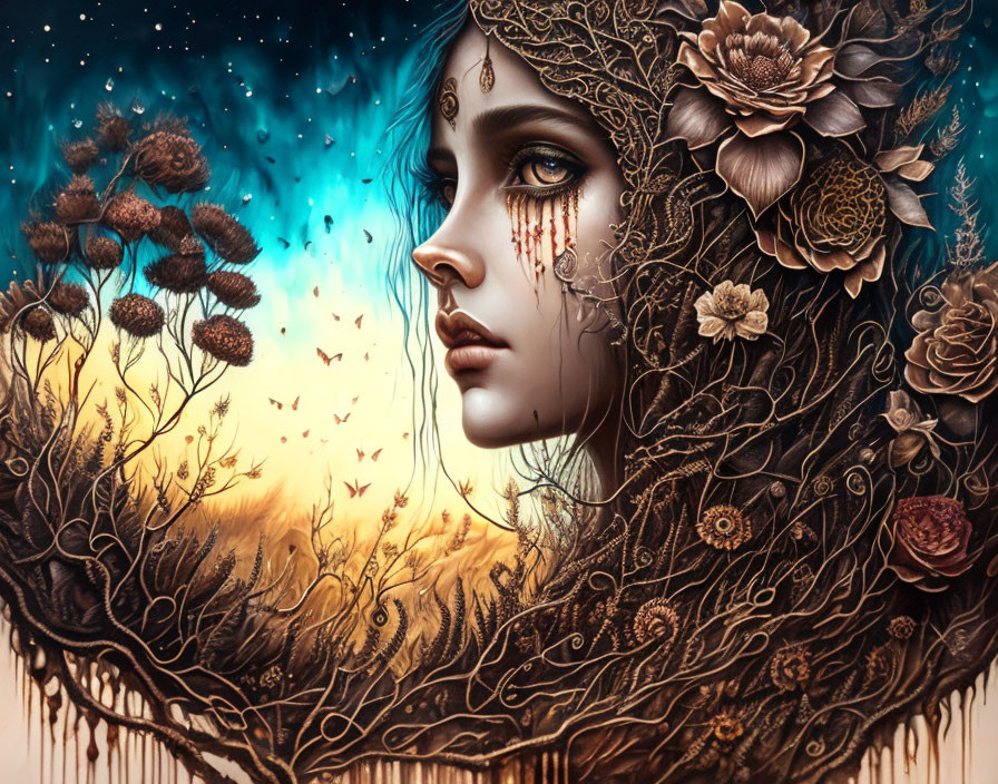 Surreal portrait of a woman merging with nature and night sky