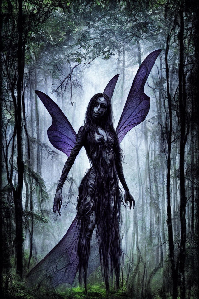 Ethereal fairy with large purple wings in misty forest