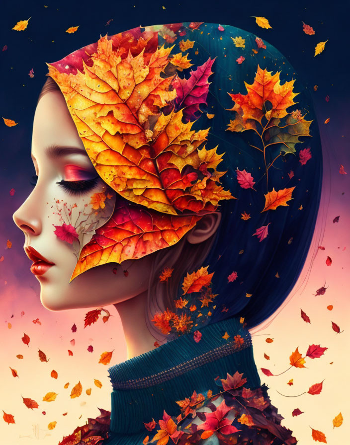 Digital artwork of woman with autumn leaves hair against night sky