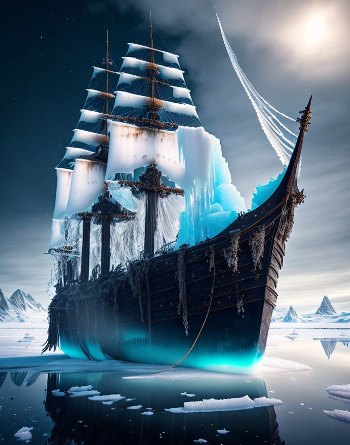 Majestic ship with ice-covered sails in serene icy landscape