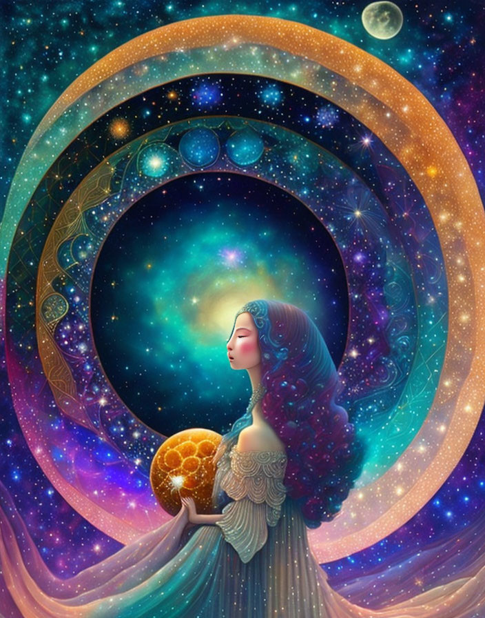 Stylized illustration of woman with flowing hair and golden object under celestial-themed archway