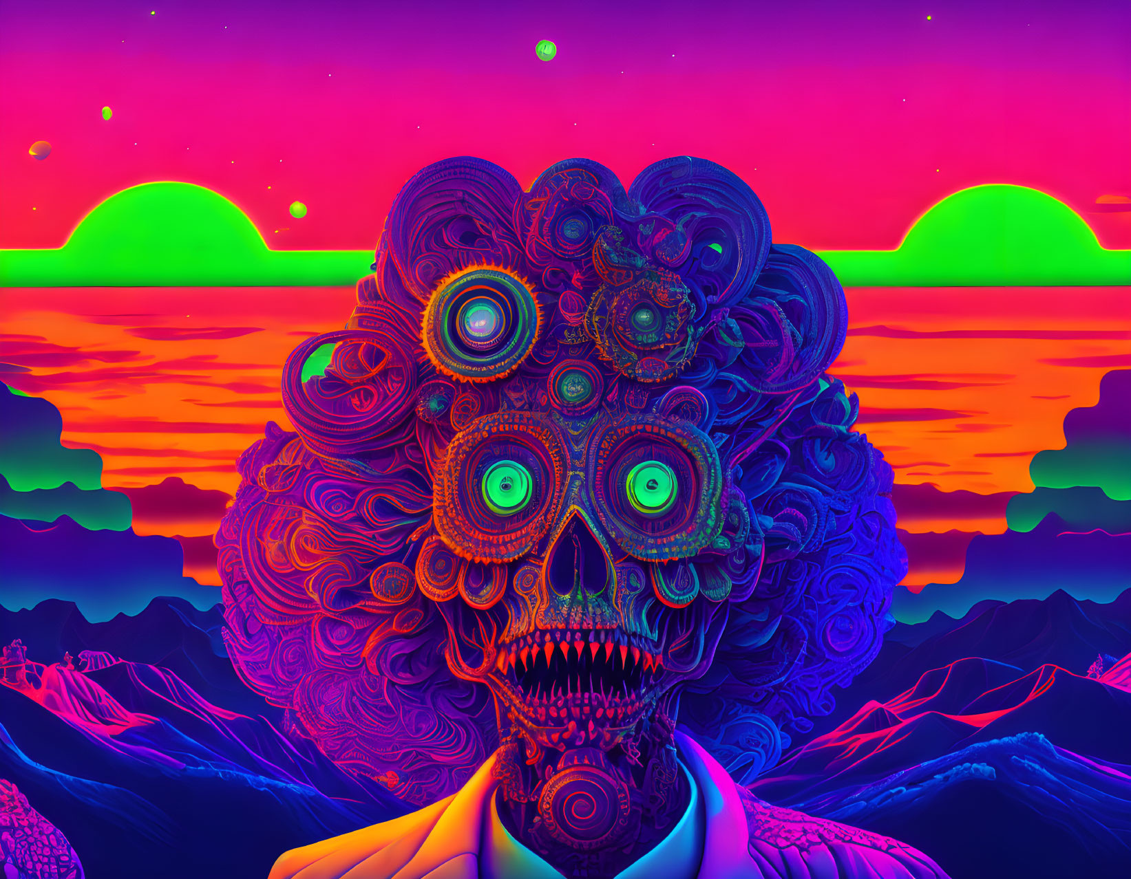 Colorful Psychedelic Skull Artwork on Neon Mountain Landscape