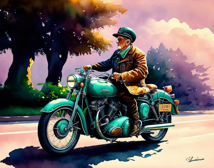 Elder man in vintage outfit on green motorcycle amidst vibrant trees