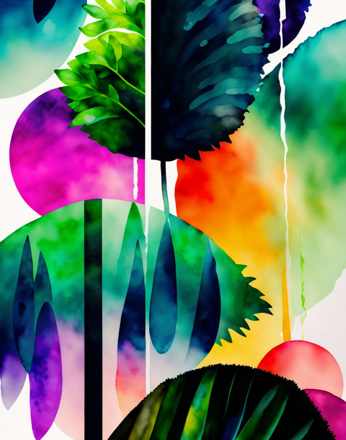 Vibrant watercolor painting of tropical leaf shapes in rainbow hues