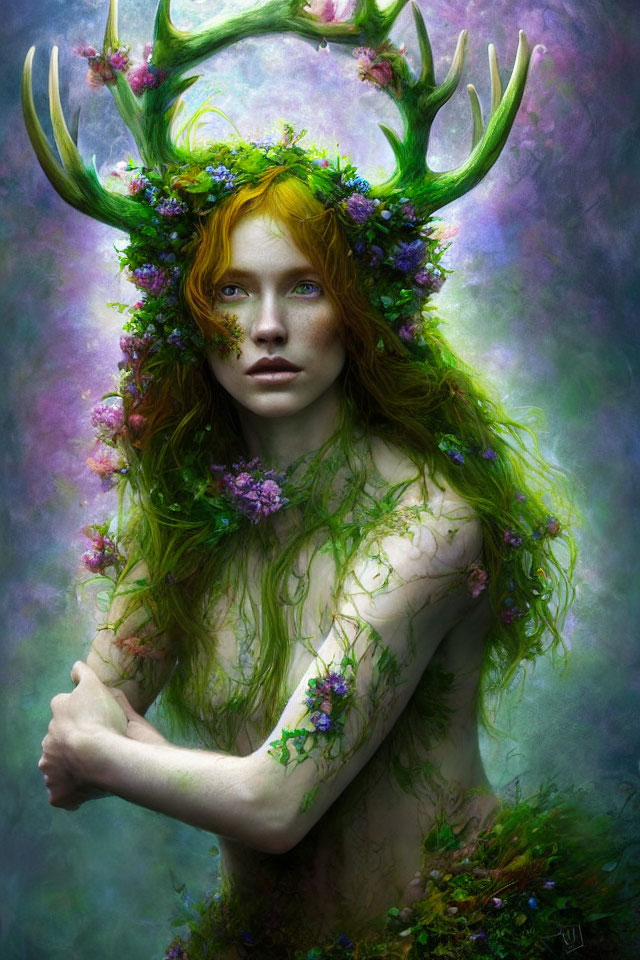 Vibrant red-haired woman with floral crown and antlers in mystical portrait