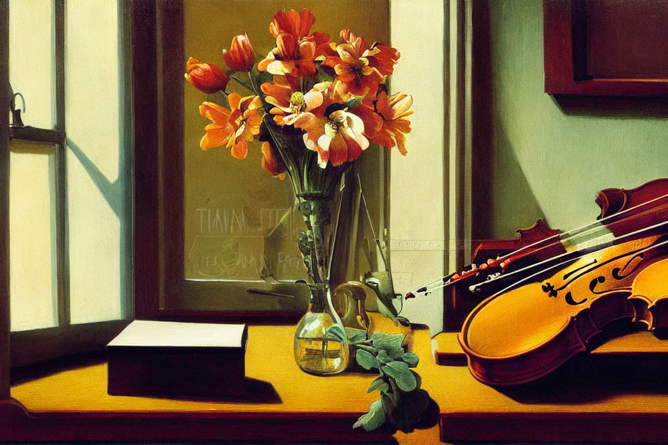 Classic still-life painting with red and orange flowers, violin, and book on window sill