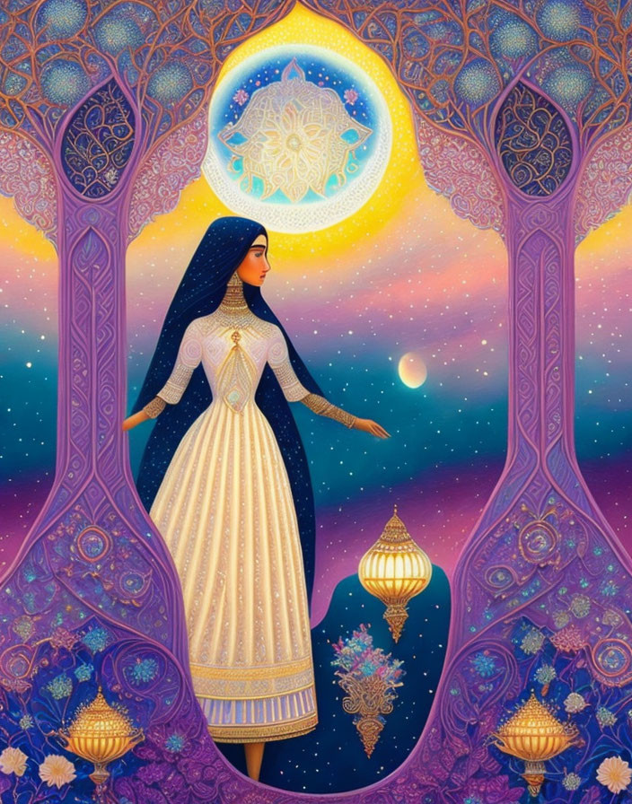 Traditional attire woman under starry sky with lanterns and crescent moon illustration