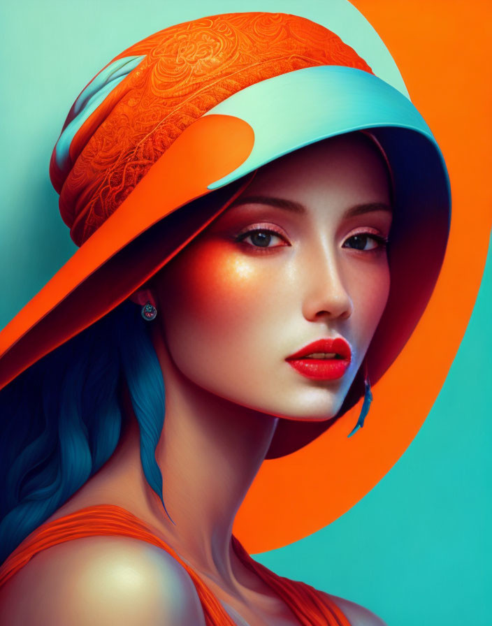 Blue-Haired Woman with Red Lipstick and Orange Hat on Turquoise Background