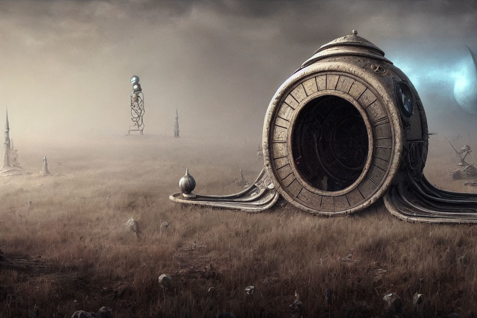 Desolate futuristic landscape with humanoid robot and eerie spires