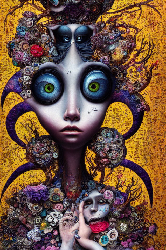 Surreal artwork: Wide-eyed character with floral halo and second face in hand