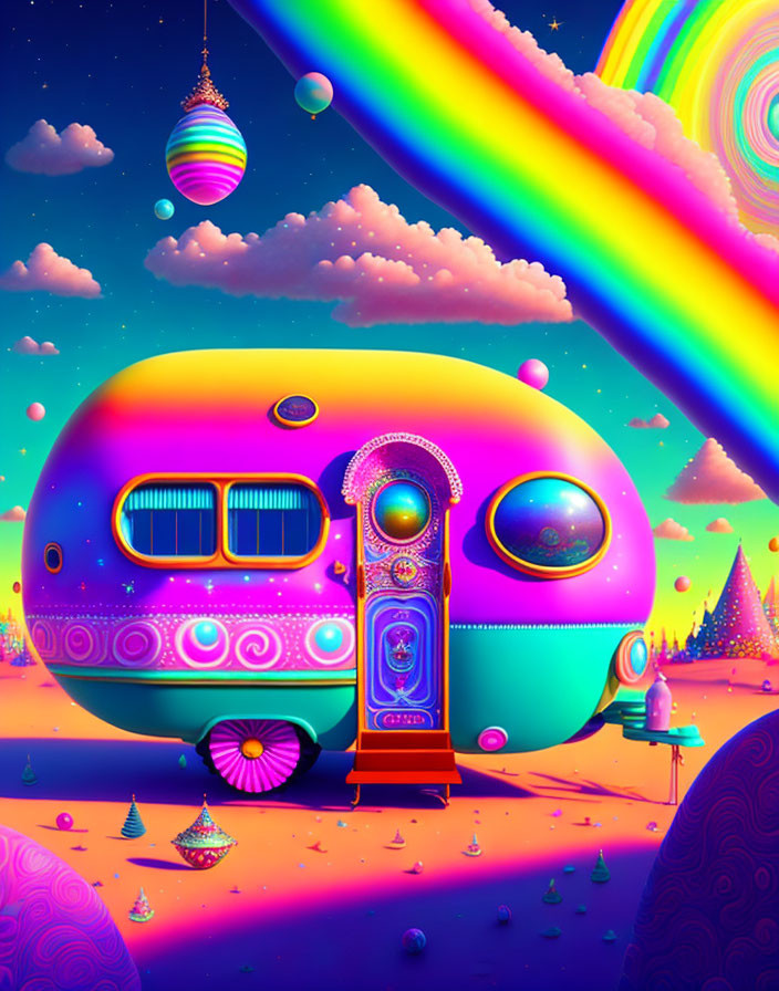 Colorful caravan in whimsical landscape with rainbow beams