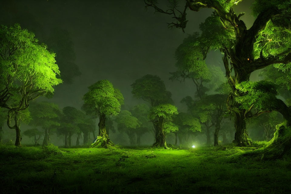 Ethereal green forest at night with twisted trees and glowing light