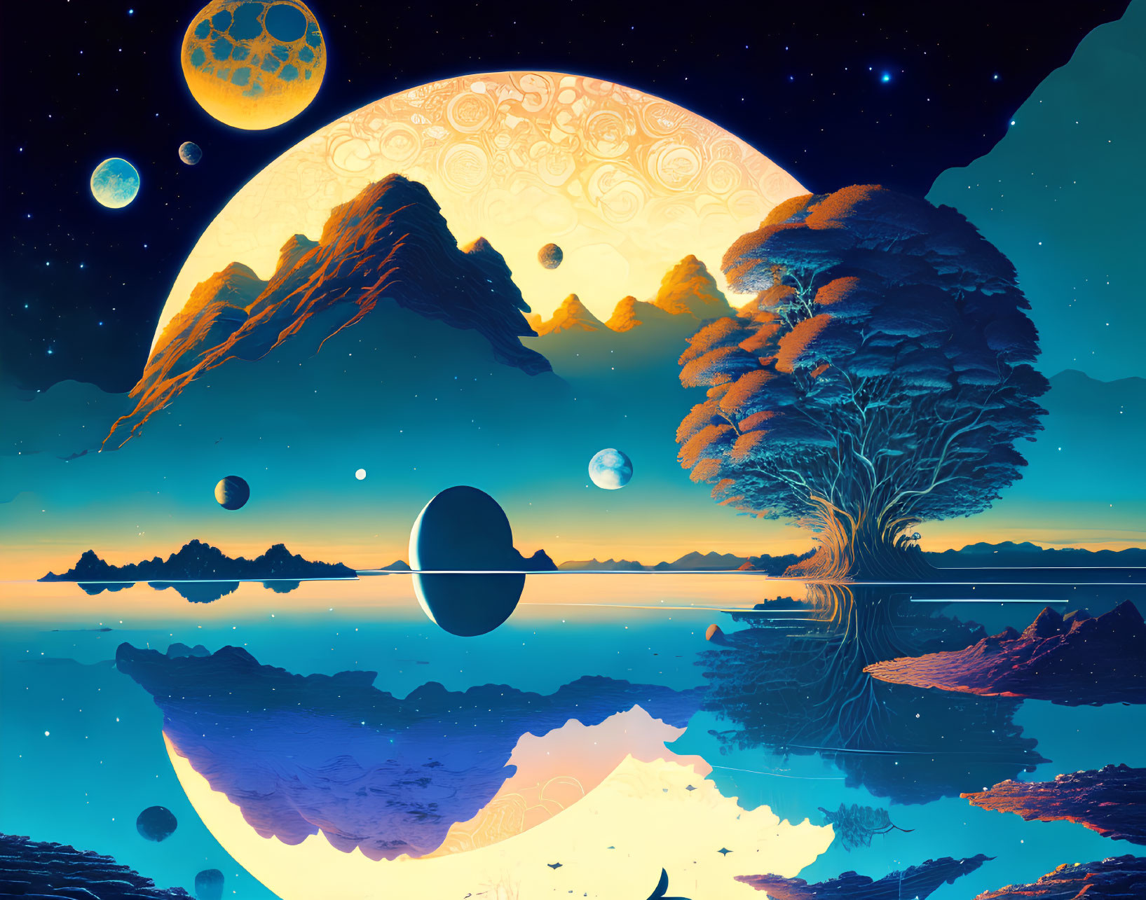 Surreal Landscape with Moon, Mountains, and Stars