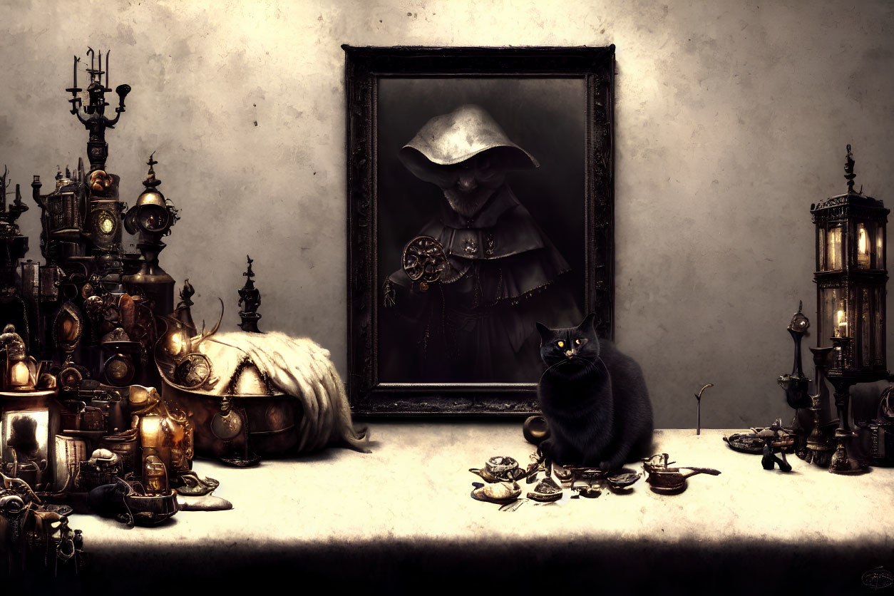 Black cat with antique items and figure painting in background