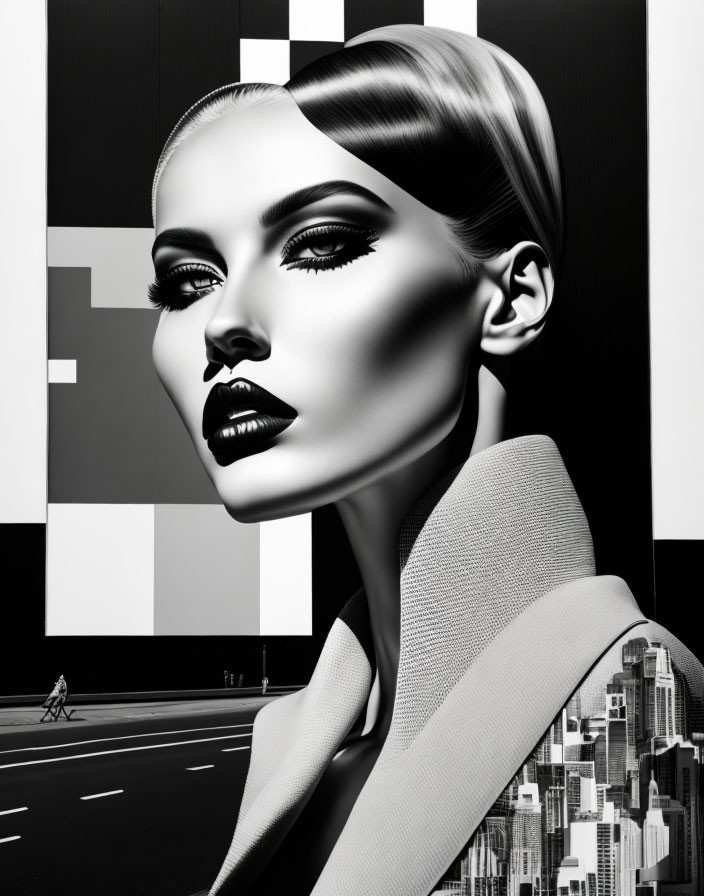 Stylized woman with sleek hair and bold makeup in monochrome against abstract urban backdrop.