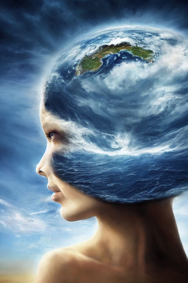 Woman's Head Merged with Earth Symbolism under Dramatic Sky