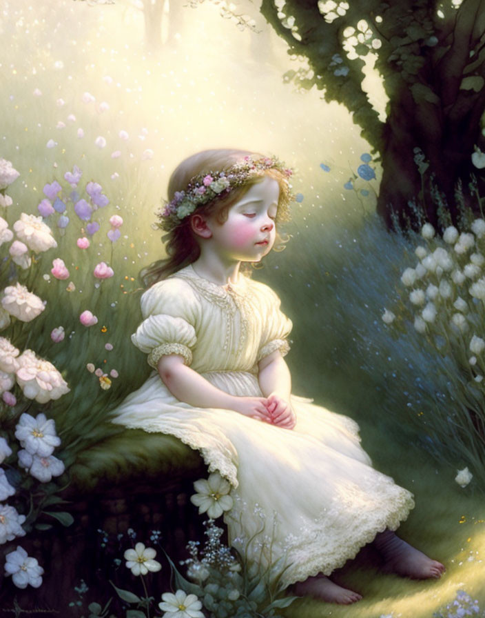 Young girl in sunlit meadow with flowers and trees, wearing floral wreath and yellow dress.