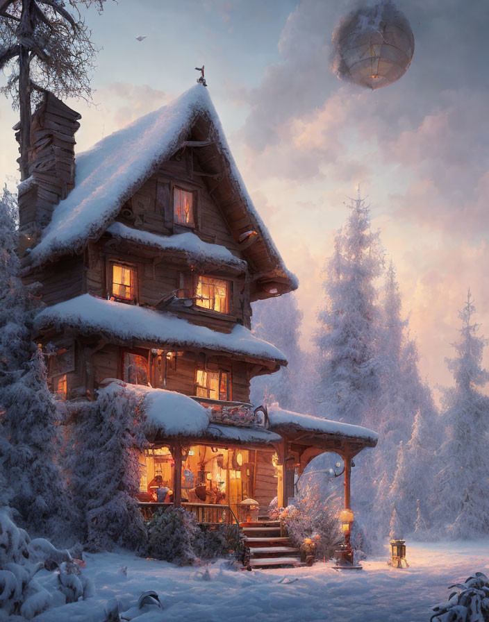 Snow-covered wooden cabin in wintry forest with airship in sky