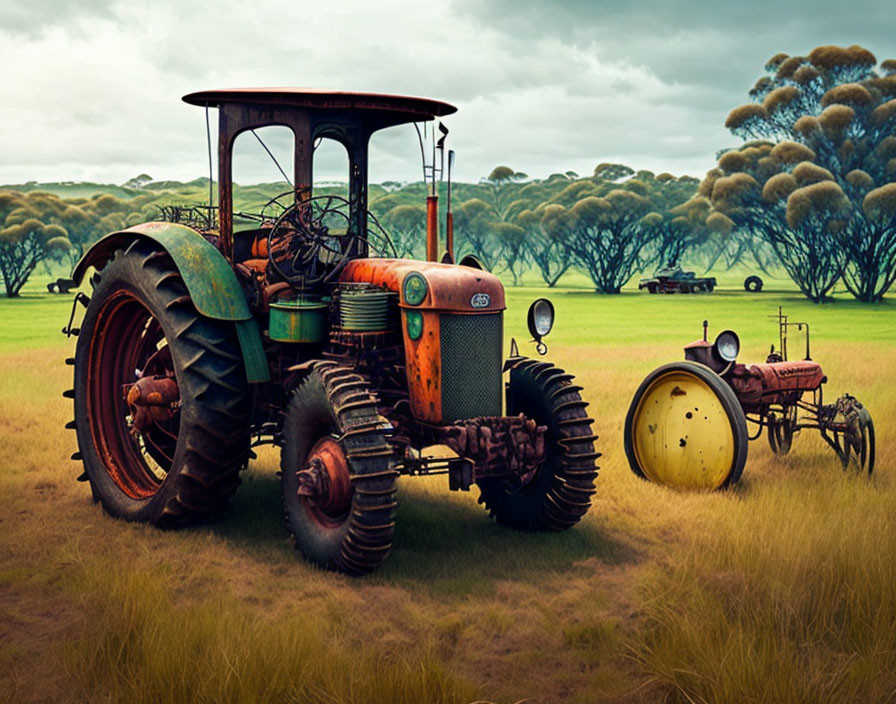 Old Red Tractor in Overgrown Field Under Cloudy Sky