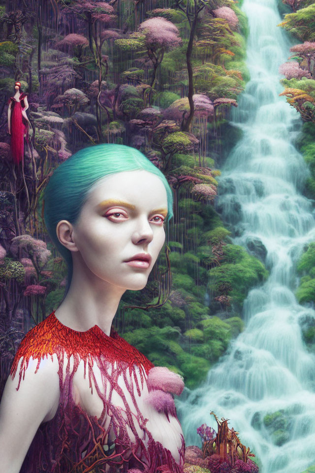 Surreal portrait of a person with green hair and vibrant forest backdrop