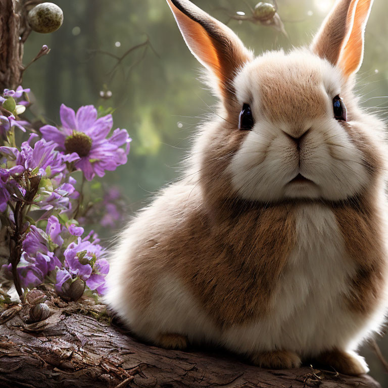 Brown and White Rabbit on Log Surrounded by Purple Flowers in Forest