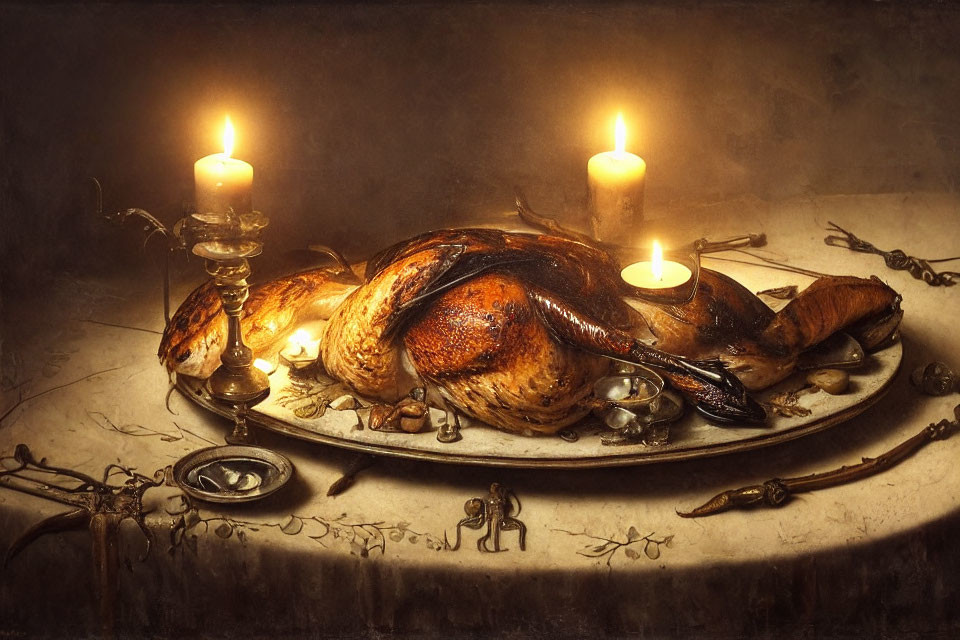 Roasted turkey surrounded by candles, nuts, and cutlery on rustic table