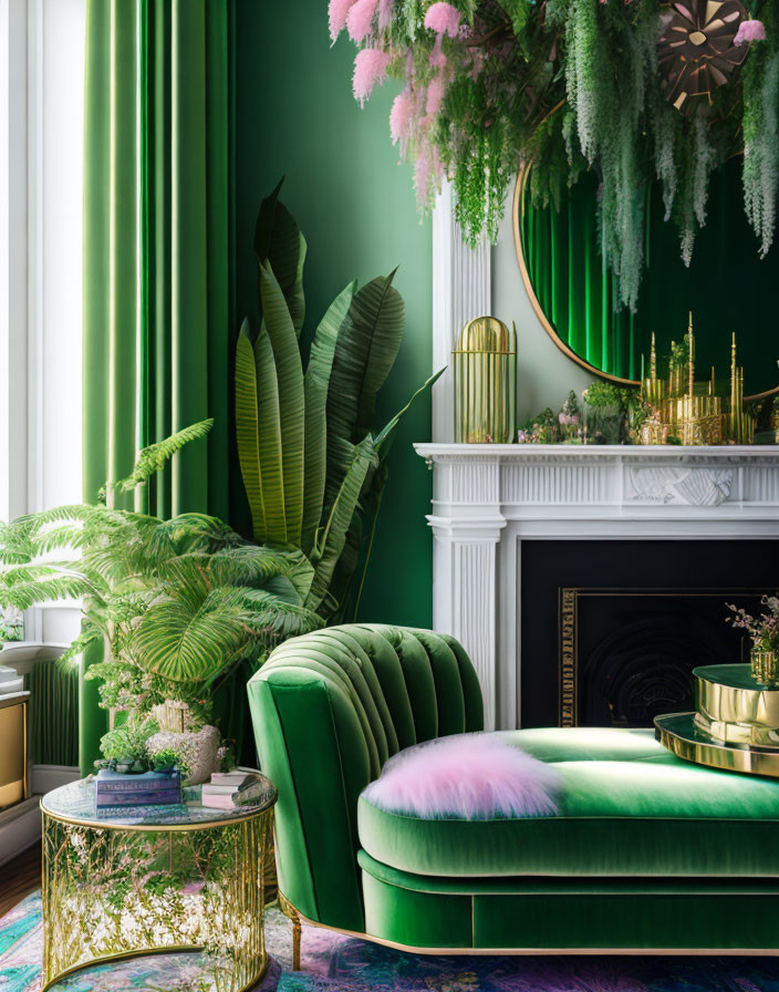 Luxurious Living Room with Emerald Green Walls and Velvet Sofa