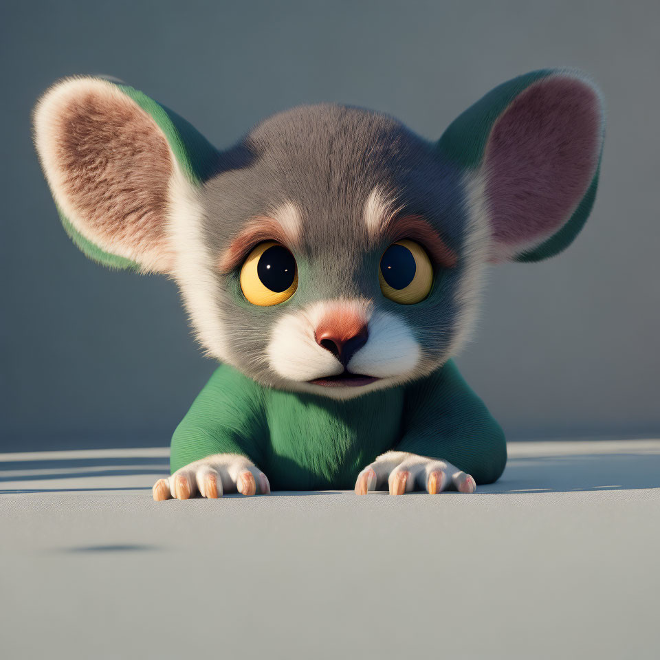 Adorable animated creature with large ears and yellow eyes on a flat surface