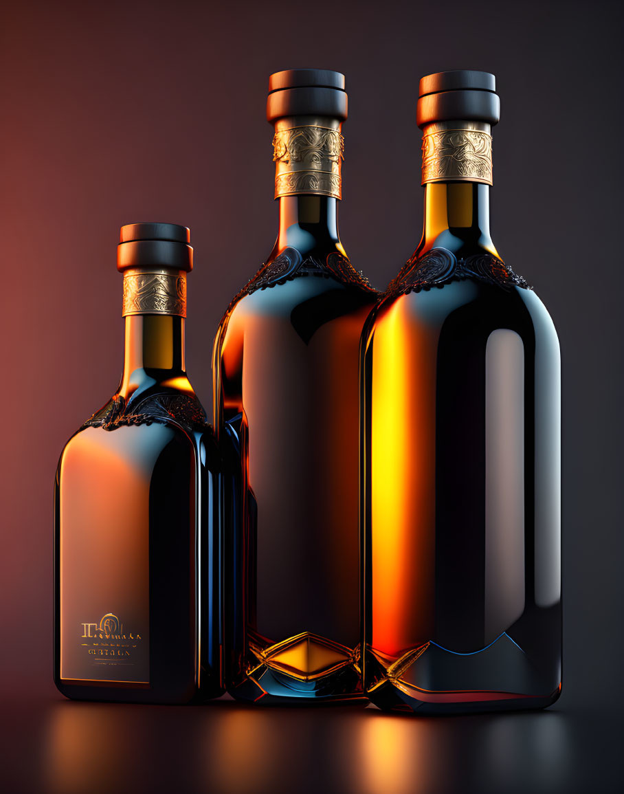 Dark amber whiskey bottles with intricate label and cap designs on a warm-lit dark background