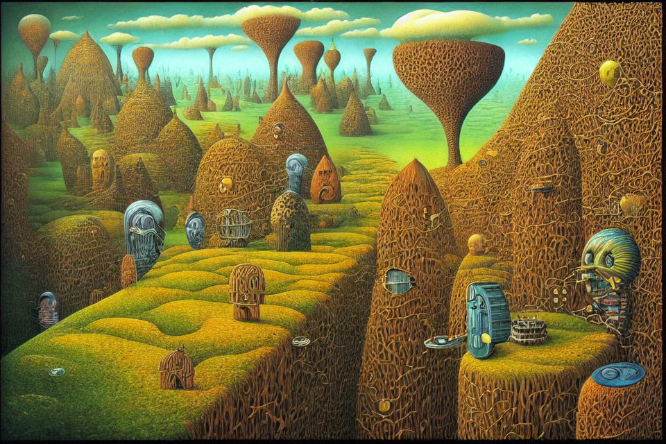 Surrealist landscape with undulating fields and bulbous towers