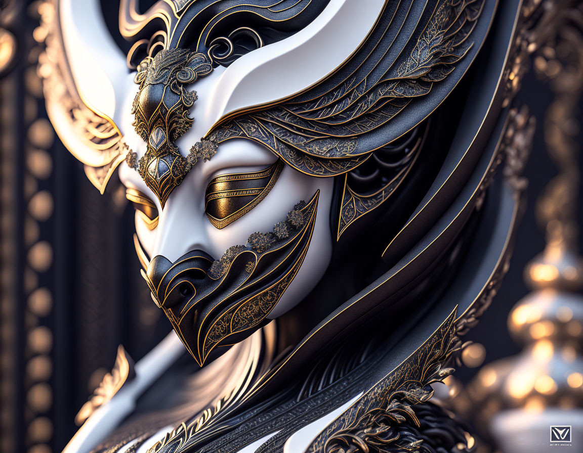 Stylized mask digital art with gold and white accents