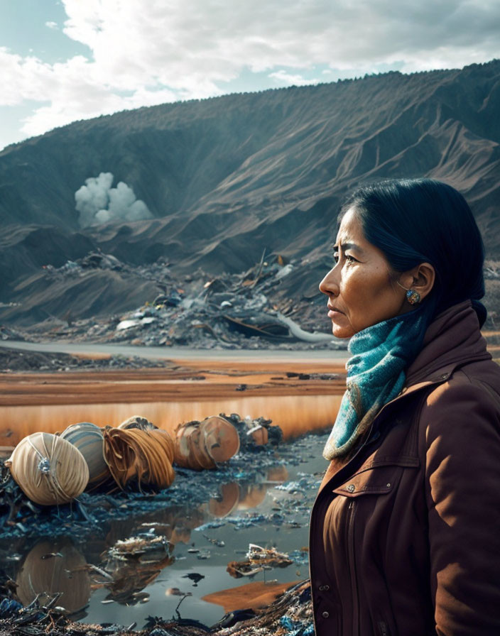 Woman in brown jacket gazes at mountains with smoking vent, lanterns in water.