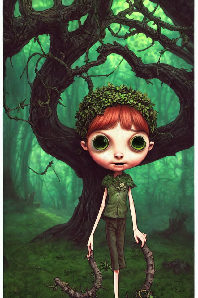 Illustration of character with oversized eyes in mystical green forest