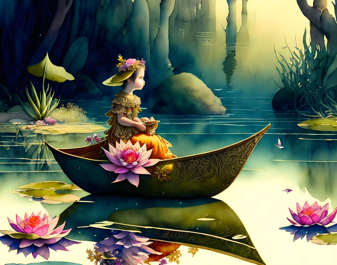 Child in decorated boat among lotus flowers on misty pond