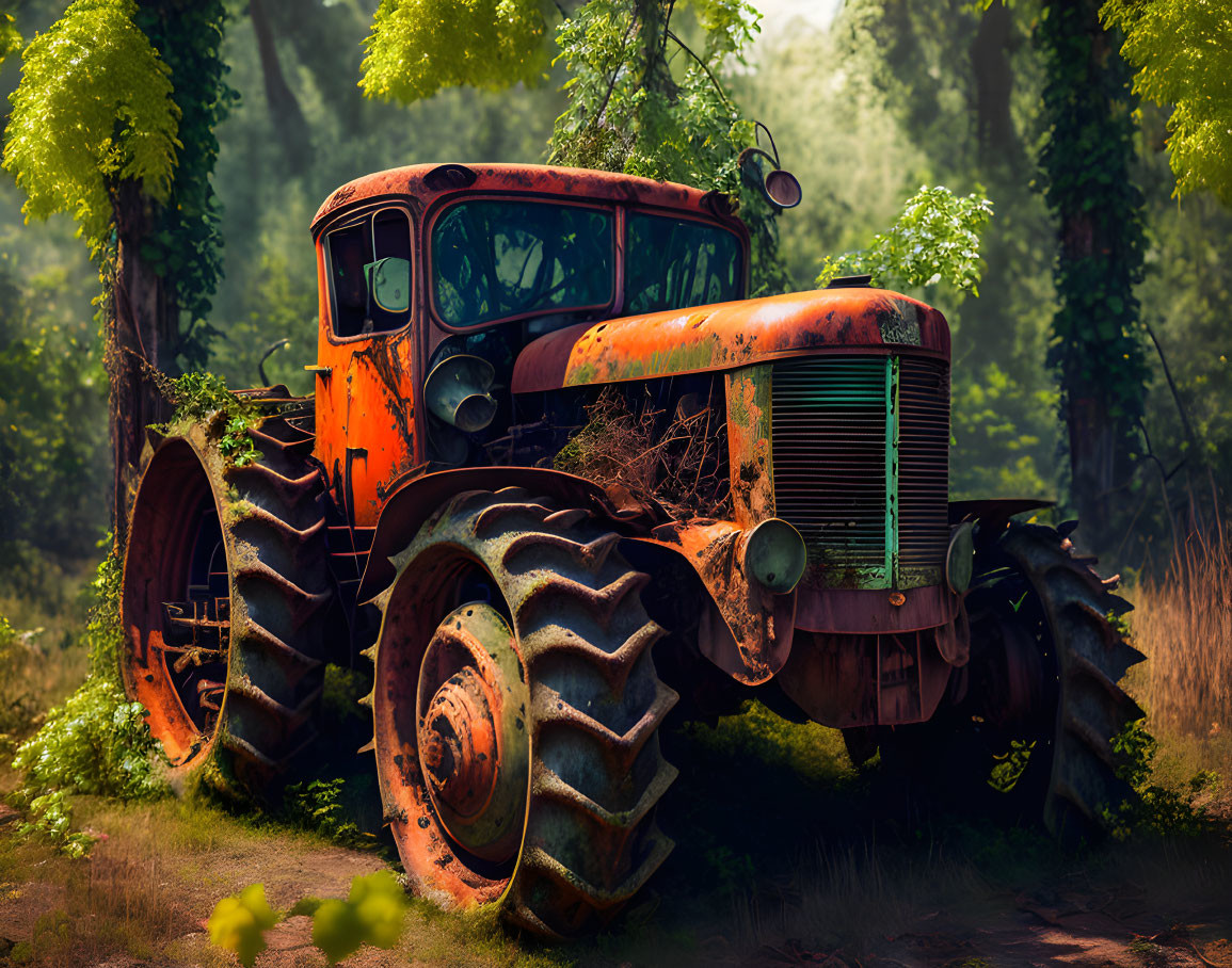 Abandoned rusty tractor in serene forest clearing