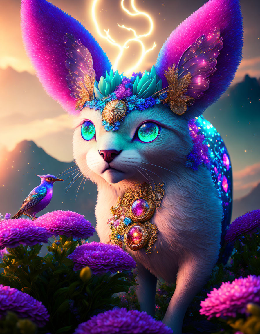 Large-eared cat with jewelry and bird in floral sunset scene