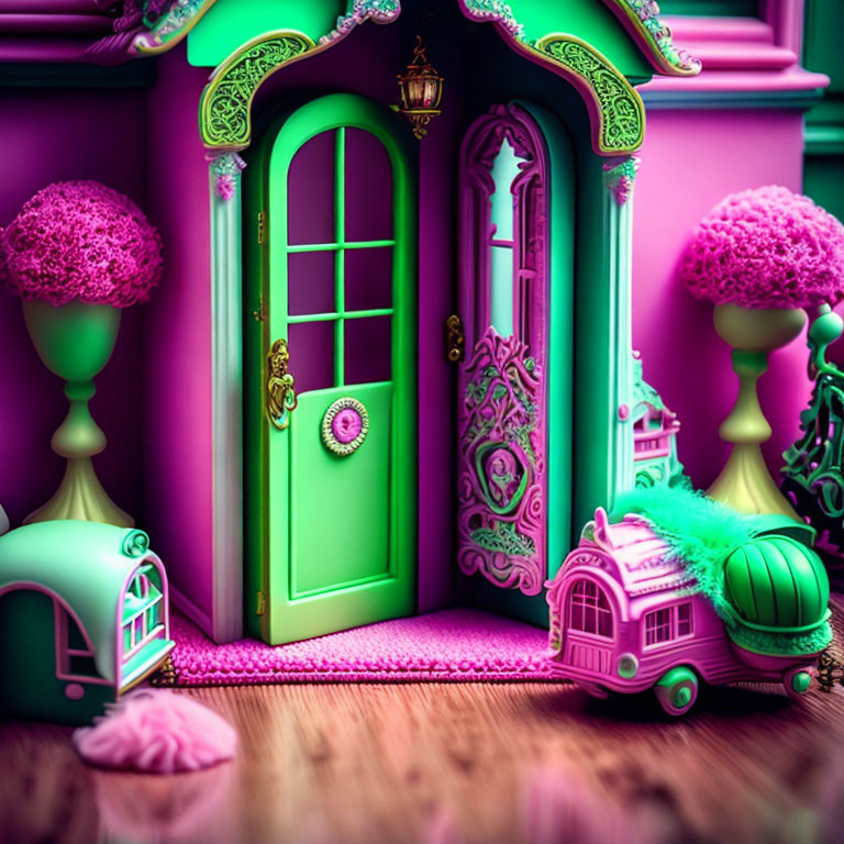 Whimsical pink house with green door and Cinderella-like pink car