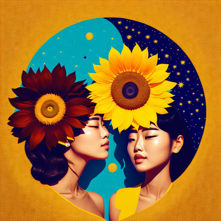 Stylized female figures with sunflowers in hair on celestial background