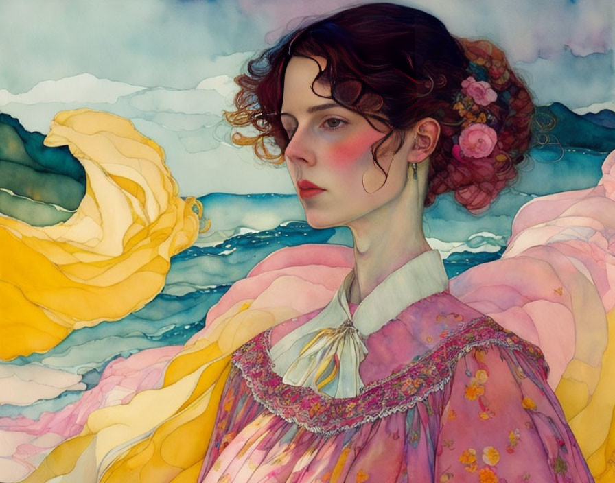 Illustrated red-haired woman in pink floral dress against yellow clouds and blue sky