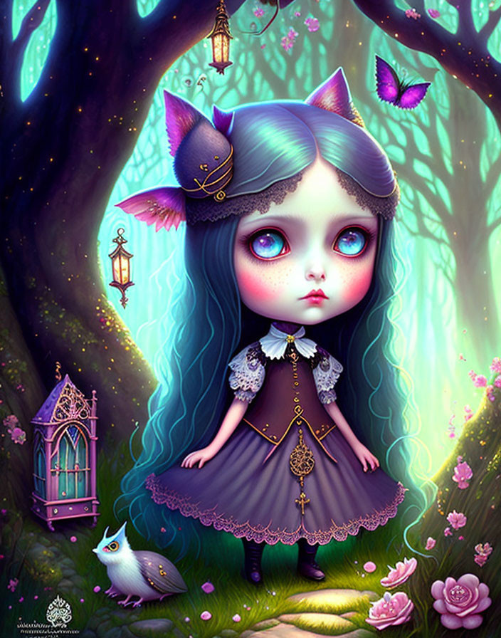 Blue-eyed doll-like girl in mystical forest with cat, butterflies, and lanterns