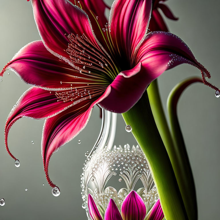 Magenta flowers with water droplets in transparent vase on grey backdrop