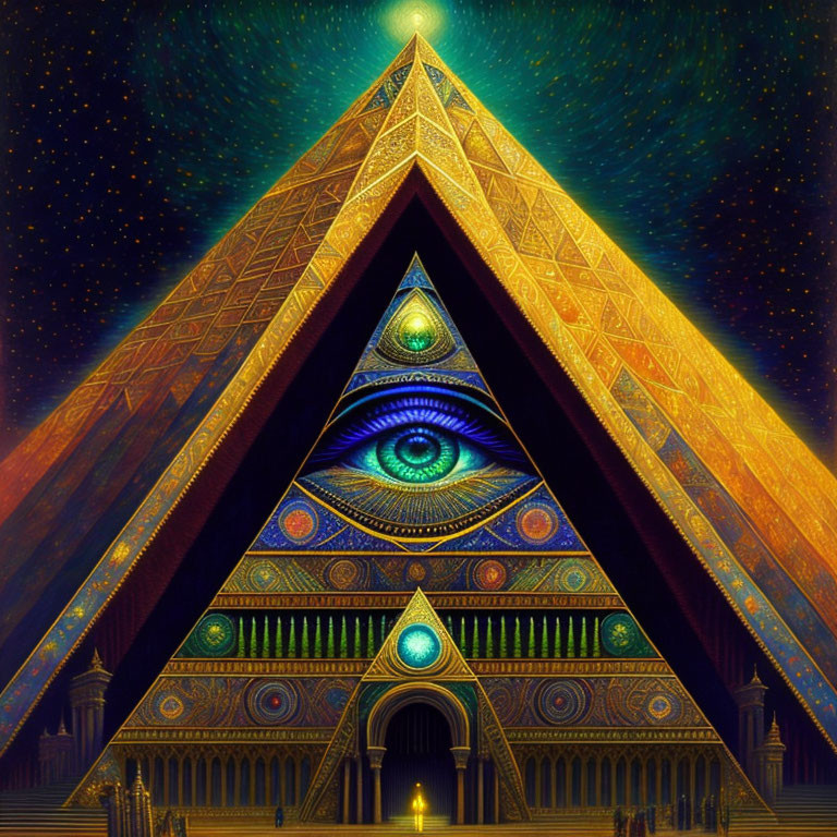 Mystical pyramid with illuminated eyes in digital art