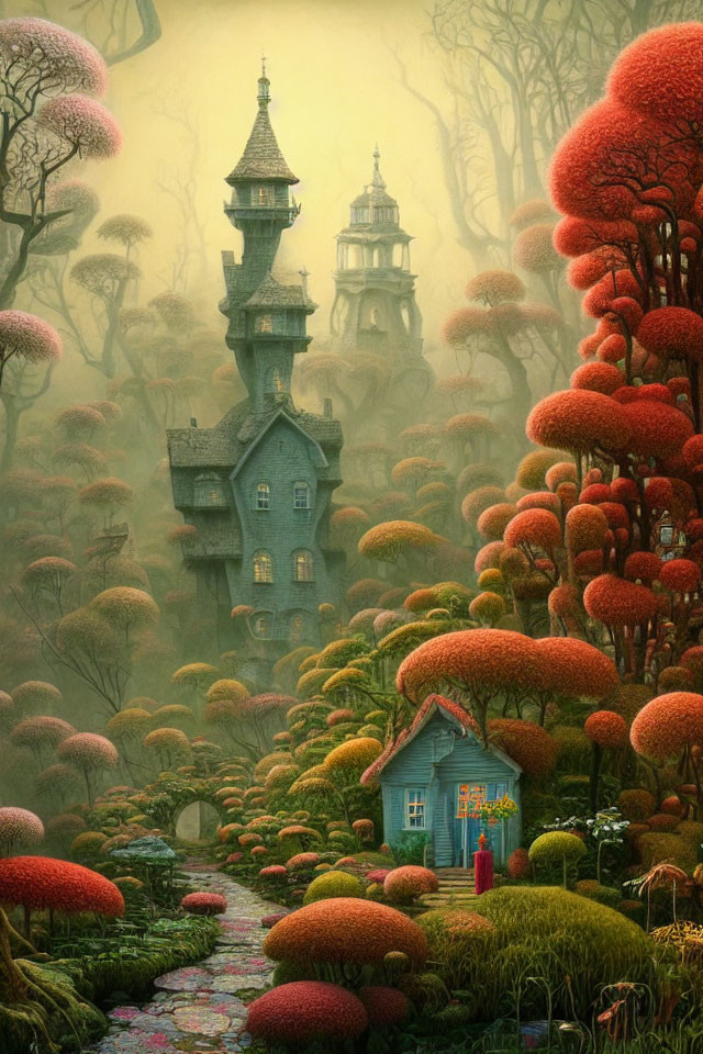 Fantasy landscape with spire-topped tower, mushroom-like trees in misty ambiance