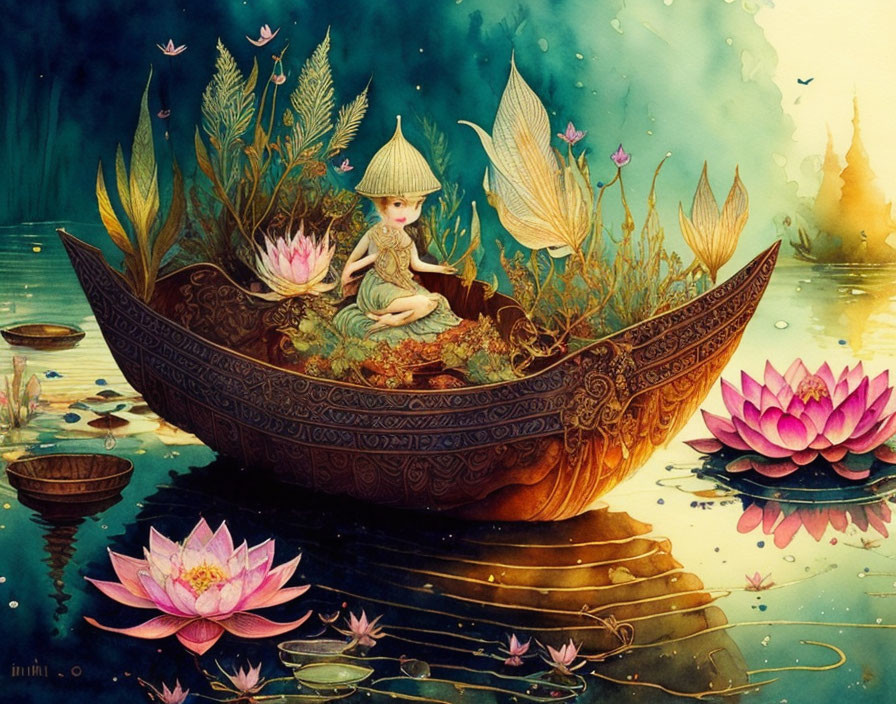 Colorful artwork: character in conical hat on lotus boat in serene aquatic scene