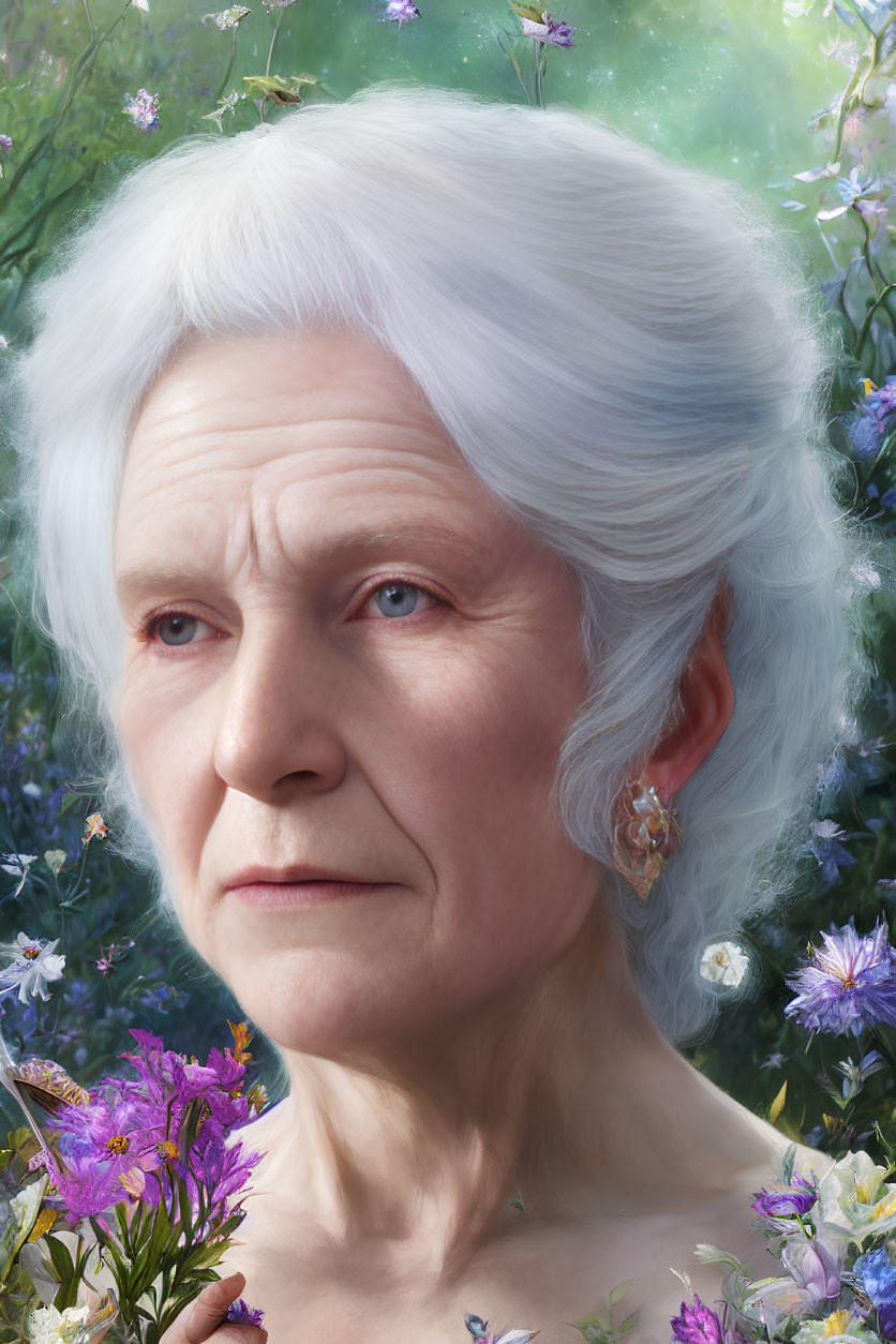 Elderly woman with white hair in thoughtful pose among lush floral backdrop